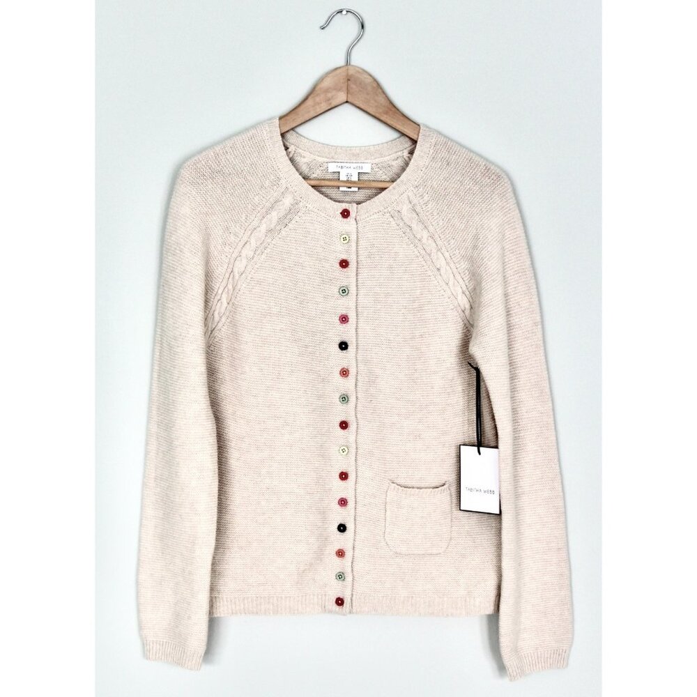 NWT TABITHA WEBB Beige Lambswool Cardigan Sweater Colorful Buttons, Size S Small